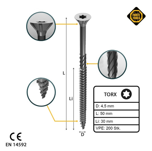 FORTE Tools vis à bois universelle 4,5 x 50 mm T20 200 pièces (000040113874) tête fraisée Torx galvanisée argent filetage partiel