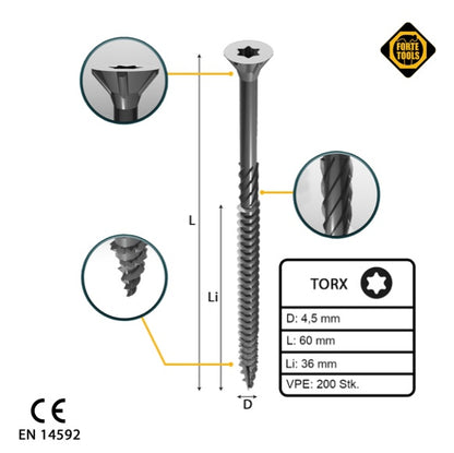 FORTE Tools vis à bois universelle 4,5 x 60 mm T20 200 pièces (000040113875) tête fraisée Torx galvanisée argent filetage partiel