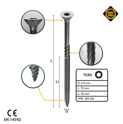 FORTE Tools vis à bois universelle 4,5 x 70 mm T20 200 pièces (000040113876) argent galvanisé tête fraisée Torx filetage partiel