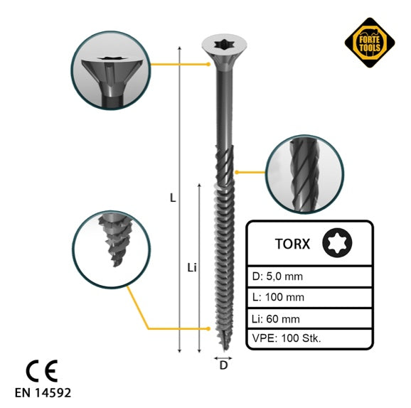 FORTE Tools Vis à bois universelle 5,0 x 100 mm T25 100 pièces (000040113878) tête fraisée Torx galvanisée argent filetage partiel