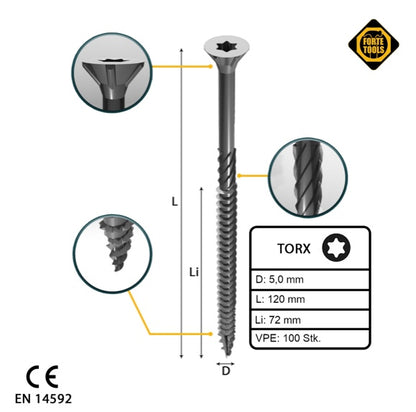 FORTE Tools Vis à bois universelle 5,0 x 120 mm T25 100 pièces (000040113879) argent galvanisé tête fraisée Torx filetage partiel