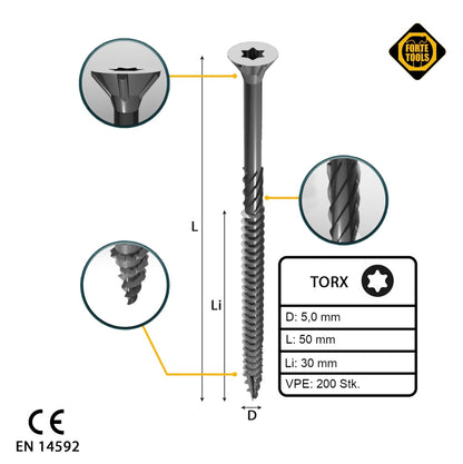 FORTE Tools Vis à bois universelle 5,0 x 50 mm T25 200 pièces (000040113881) tête fraisée Torx galvanisée argent filetage partiel