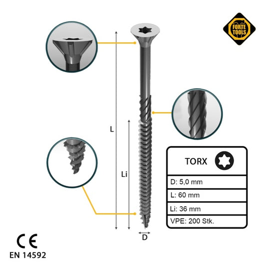 FORTE Tools Vis à bois universelle 5,0 x 60 mm T25 200 pièces (000040113882) tête fraisée Torx galvanisée argent filetage partiel