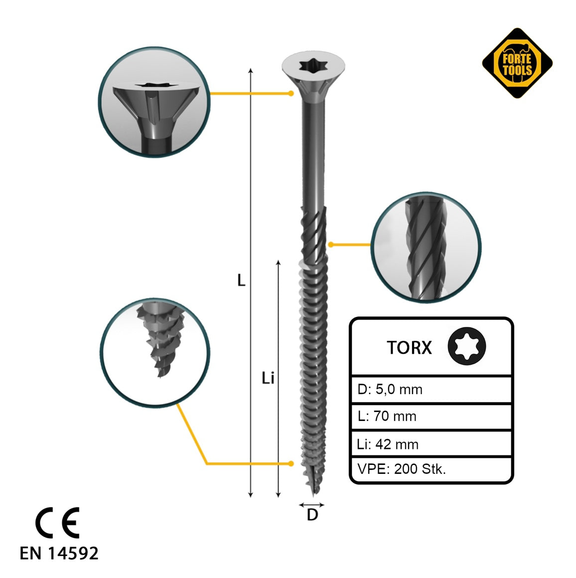 FORTE Tools Universal Holzschraube 5,0 x 70 mm T25 200 Stk. ( 000040113883 ) silber verzinkt Torx Senkkopf Teilgewinde