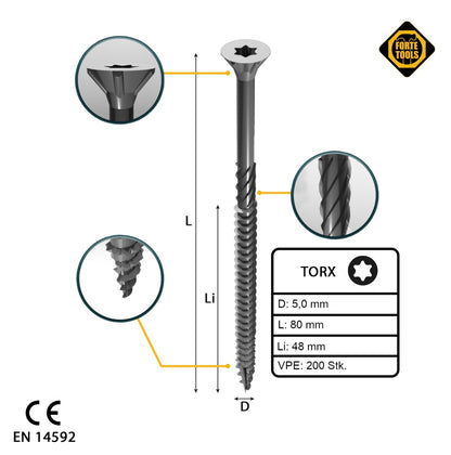 FORTE Tools Vis à bois universelle 5,0 x 80 mm T25 200 pièces (000040113884) tête fraisée Torx galvanisée argent filetage partiel