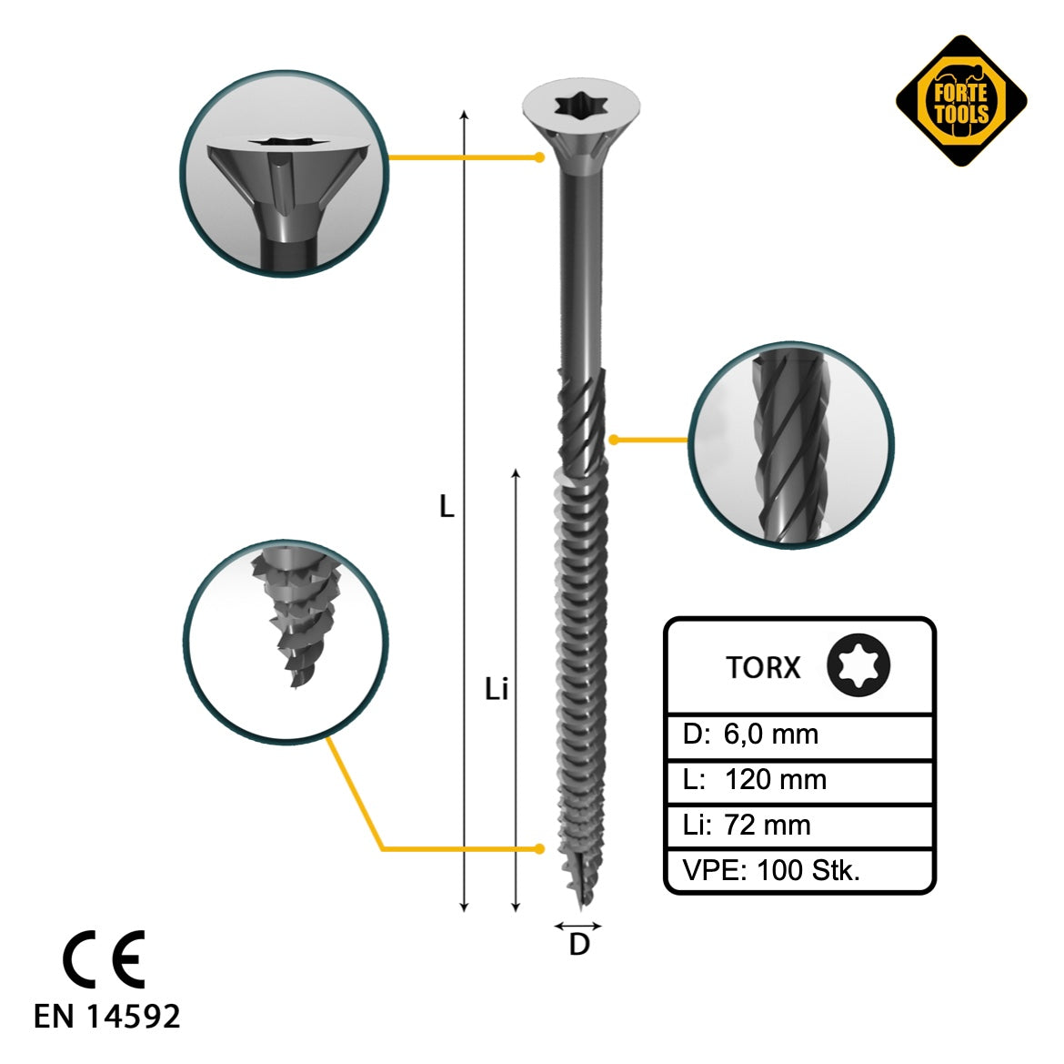 FORTE Tools Vis à bois universelle 6,0 x 120 mm T30 100 pièces (000040113887) argent galvanisé tête fraisée Torx filetage partiel