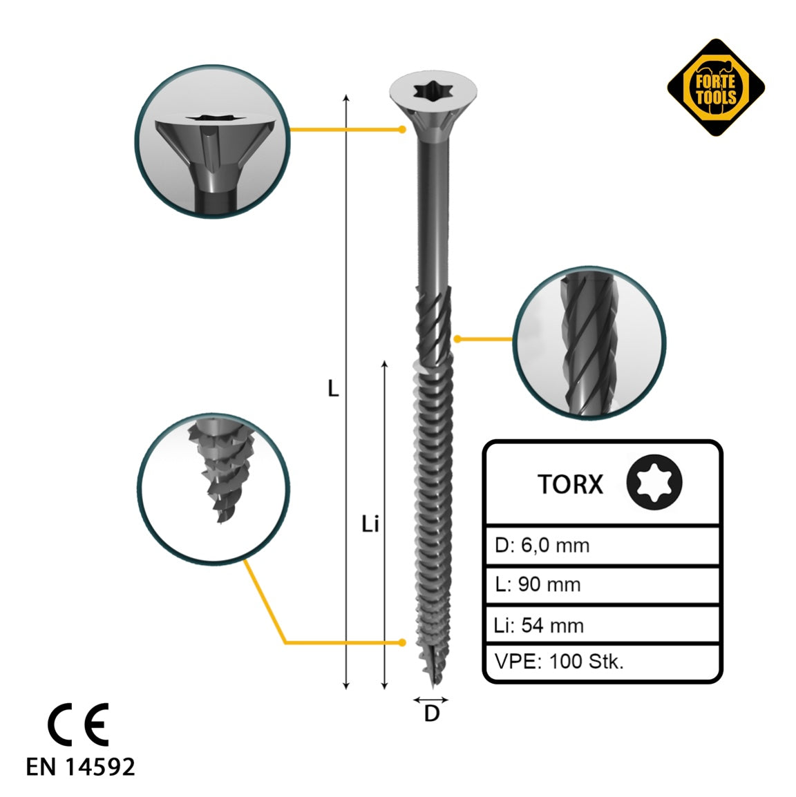 FORTE Tools Vis à bois universelle 6,0 x 90 mm T30 100 pièces (000040113892) argent galvanisé tête fraisée Torx filetage partiel