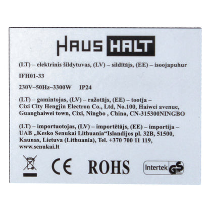 Chauffage électrique HausHalt IFH01-33 3,3 kW 3 niveaux de puissance 33 m² (51331370) pour atelier, cave, chantier, etc. avec protection contre la surchauffe