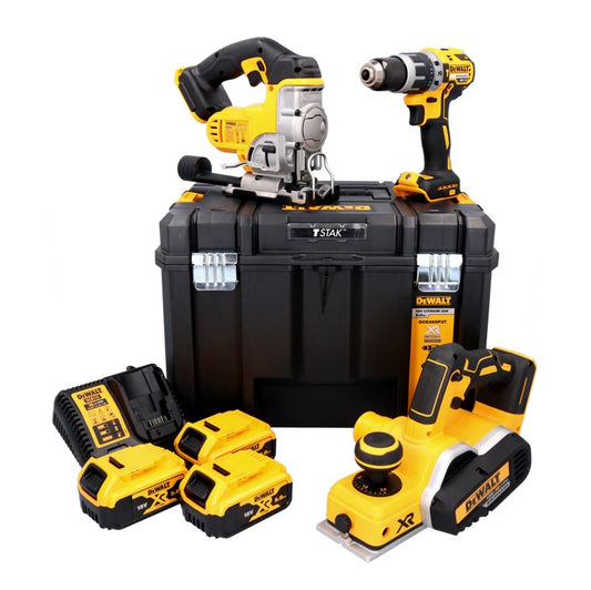 DeWalt Akku Combo Kit 18 V DCD 796 Schlagbohrschrauber + DCS 331 Stichsäge + DCP 580 Hobel + 3x Akku 5,0 Ah + Ladegerät + TSTAK