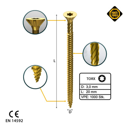 FORTE Tools vis à bois universelle 3,0 x 20 mm T10 1000 pièces (2x 000051399462) tête fraisée Torx galvanisée jaune filetage complet