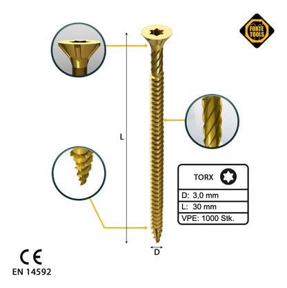 FORTE Tools vis à bois universelle 3,0 x 30 mm T10 1000 pièces (2x 000051399464) tête fraisée Torx galvanisée jaune filetage complet