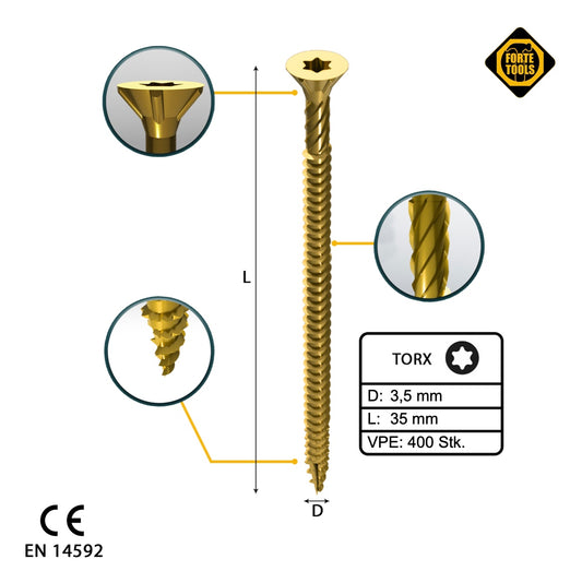 FORTE Tools Vis à bois universelle 3,5 x 35 mm T15 400 pièces (2x 000051399469) tête fraisée Torx galvanisée jaune filetage complet