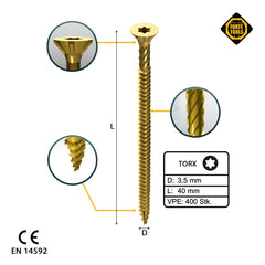 FORTE Tools Universal Holzschraube 3,5 x 40 mm T15 400 Stk. ( 2x 000051399470 ) gelb verzinkt Torx Senkkopf Vollgewinde - Toolbrothers