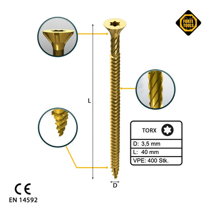 FORTE Tools Universal Holzschraube 3,5 x 40 mm T15 400 Stk. ( 2x 000051399470 ) gelb verzinkt Torx Senkkopf Vollgewinde - Toolbrothers