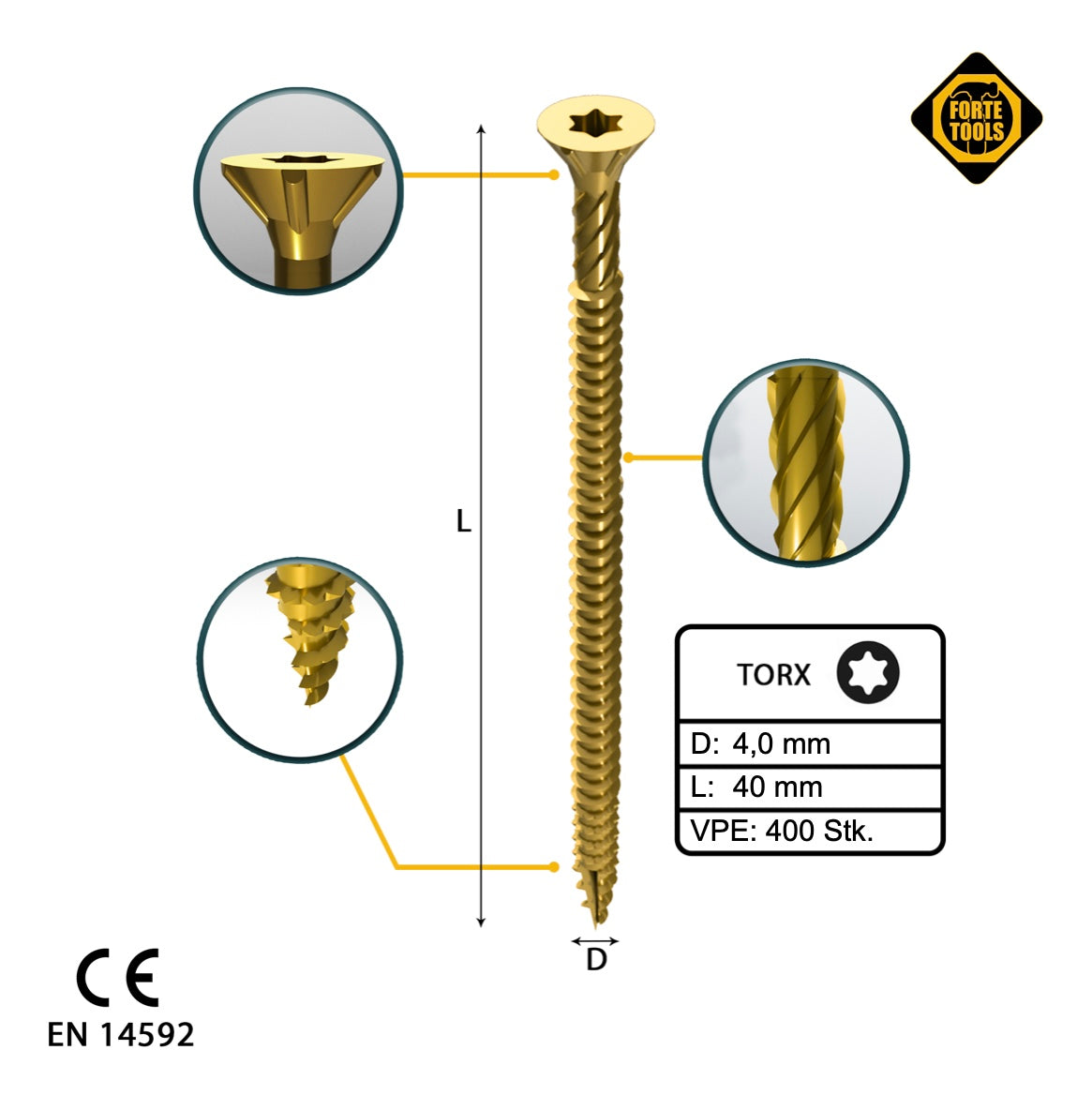 FORTE Tools Vis à bois universelle 4,0 x 40 mm T20 400 pièces (2x 000051399474) tête fraisée Torx galvanisée jaune filetage complet