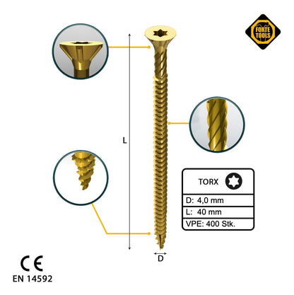 FORTE Tools Vis à bois universelle 4,0 x 40 mm T20 400 pièces (2x 000051399474) tête fraisée Torx galvanisée jaune filetage complet