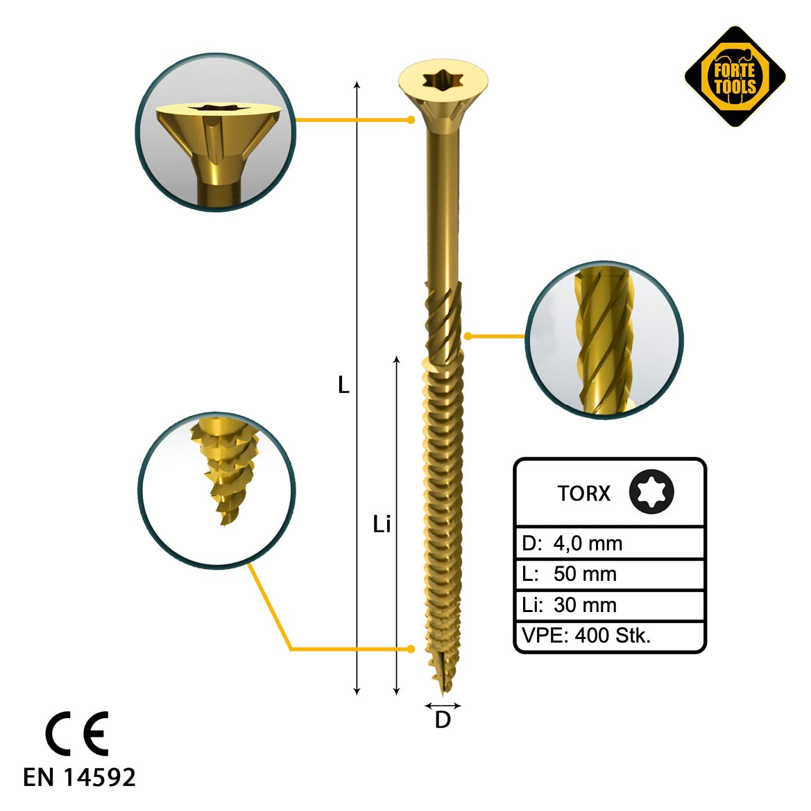 FORTE Tools Universal Holzschraube 4,0 x 50 mm T20 400 Stk. ( 2x 000051399475 ) gelb verzinkt Torx Senkkopf Teilgewinde - Toolbrothers