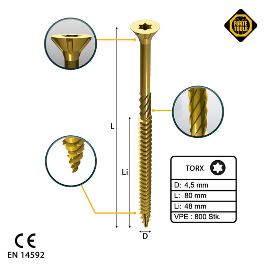 FORTE Tools vis à bois universelle 4,5 x 80 mm T20 800 pièces (4x 000051399482) tête fraisée Torx galvanisée jaune filetage partiel