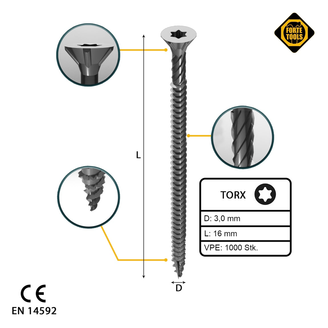 FORTE Tools Universal Holzschraube 3,0 x 16 mm T10 1000 Stk. ( 2x 000040113856 ) silber verzinkt Torx Senkkopf Vollgewinde - Toolbrothers