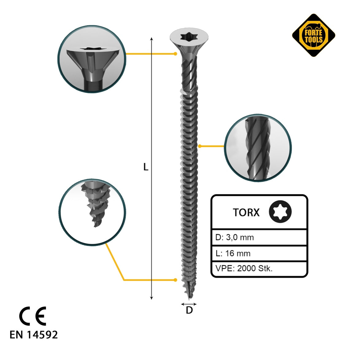 FORTE Tools Universal Holzschraube 3,0 x 16 mm T10 2000 Stk. ( 4x 000040113856 ) silber verzinkt Torx Senkkopf Vollgewinde - Toolbrothers