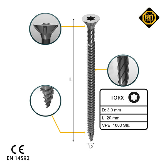 FORTE Tools vis à bois universelle 3,0 x 20 mm T10 1000 pièces (2x 000040113857) tête fraisée Torx galvanisée argent filetage complet