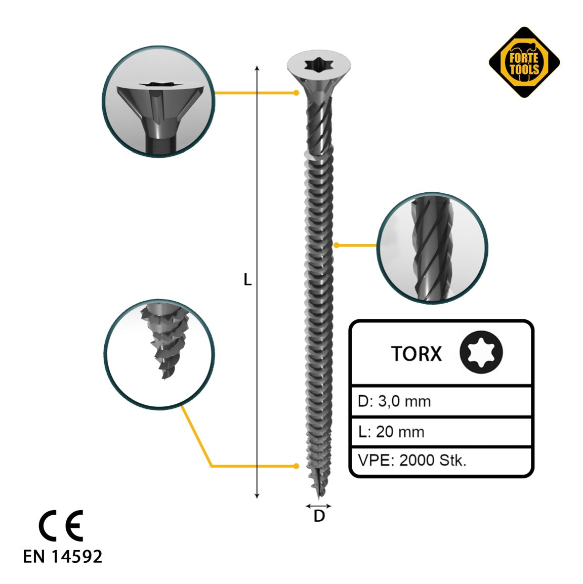 FORTE Tools Vis à bois universelle 3,0 x 20 mm T10 2000 pièces (4x 000040113857) tête fraisée Torx galvanisée argent filetage complet