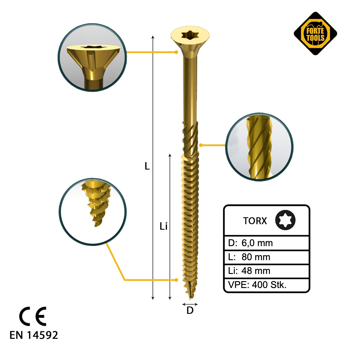 FORTE Tools Vis à bois universelle 6,0 x 80 mm T30 400 pièces (4x 000051399496) tête fraisée Torx galvanisée jaune filetage partiel