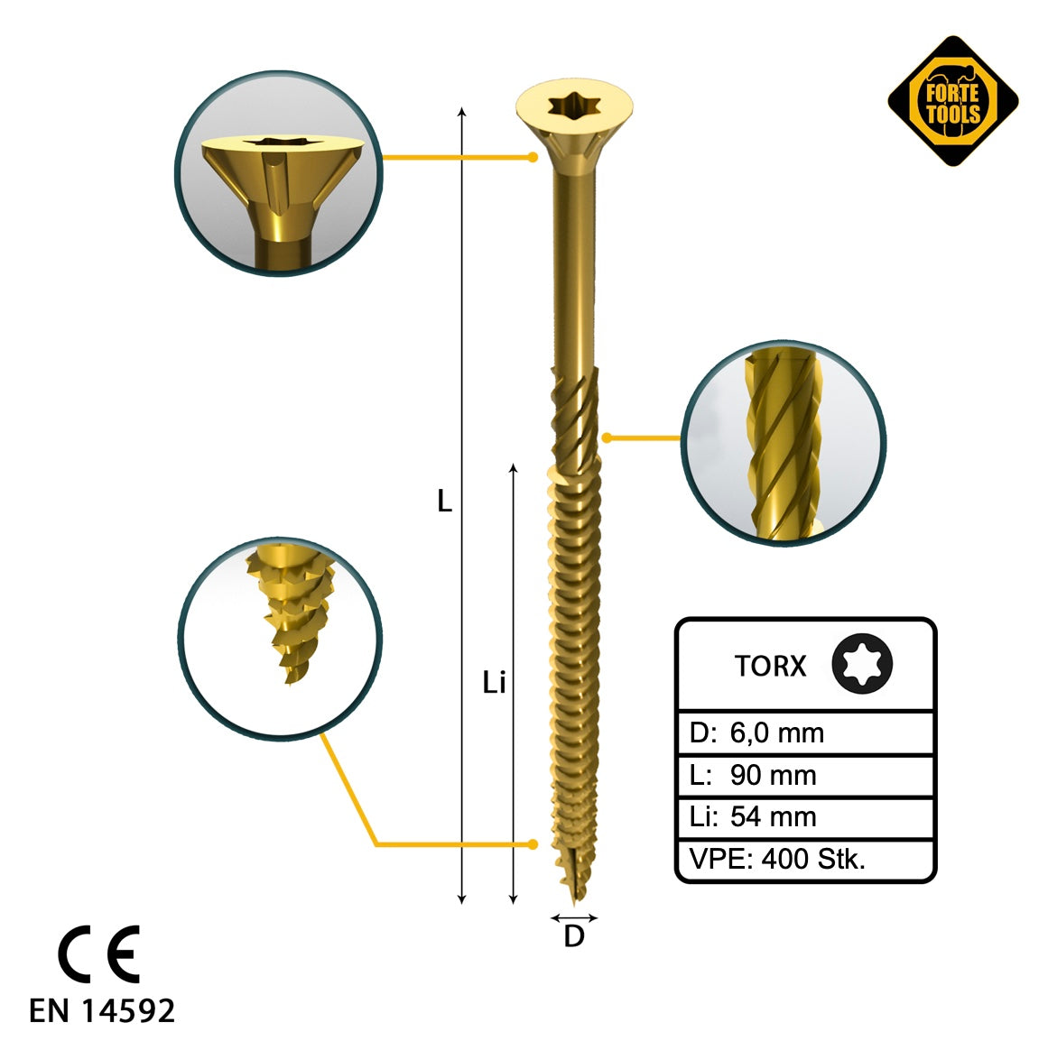 FORTE Tools Universal Holzschraube 6,0 x 90 mm T30 400 Stk. ( 4x 000051399497 ) gelb verzinkt Torx Senkkopf Teilgewinde