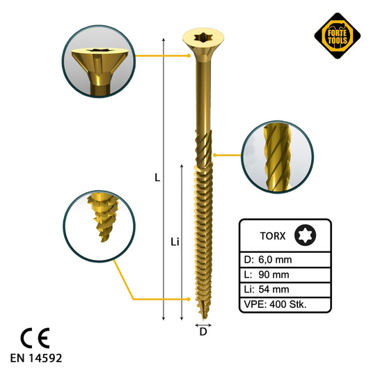 FORTE Tools Vis à bois universelle 6,0 x 90 mm T30 400 pièces (4x 000051399497) tête fraisée Torx galvanisée jaune filetage partiel