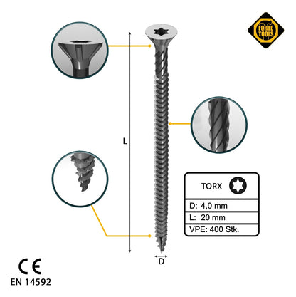 FORTE Tools Universal Holzschraube 4,0 x 20 mm T20 400 Stk. ( 2x 000040113867 ) silber verzinkt Torx Senkkopf Vollgewinde - Toolbrothers