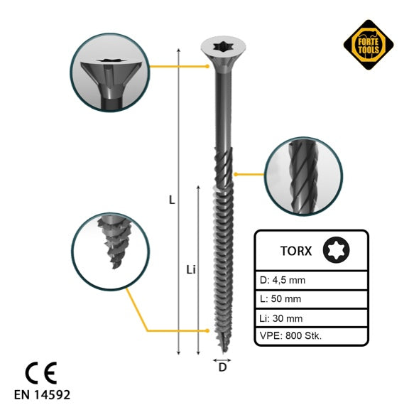 FORTE Tools vis à bois universelle 4,5 x 50 mm T20 800 pièces (4x 000040113874) tête fraisée Torx galvanisée argent filetage partiel