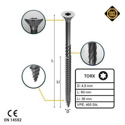 FORTE Tools vis à bois universelle 4,5 x 60 mm T20 400 pièces (2x 000040113875) tête fraisée Torx galvanisée argent filetage partiel