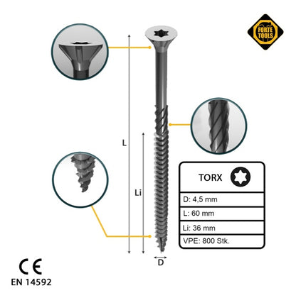 FORTE Tools vis à bois universelle 4,5 x 60 mm T20 800 pièces (4x 000040113875) tête fraisée Torx galvanisée argent filetage partiel