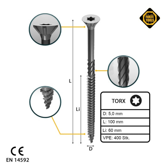 FORTE Tools Vis à bois universelle 5,0 x 100 mm T25 400 pièces (4x 000040113878) tête fraisée Torx galvanisée argent filetage partiel