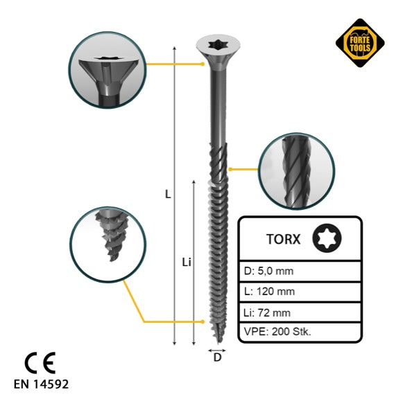 FORTE Tools Vis à bois universelle 5,0 x 120 mm T25 200 pièces (2x 000040113879) tête fraisée Torx galvanisée argent filetage partiel