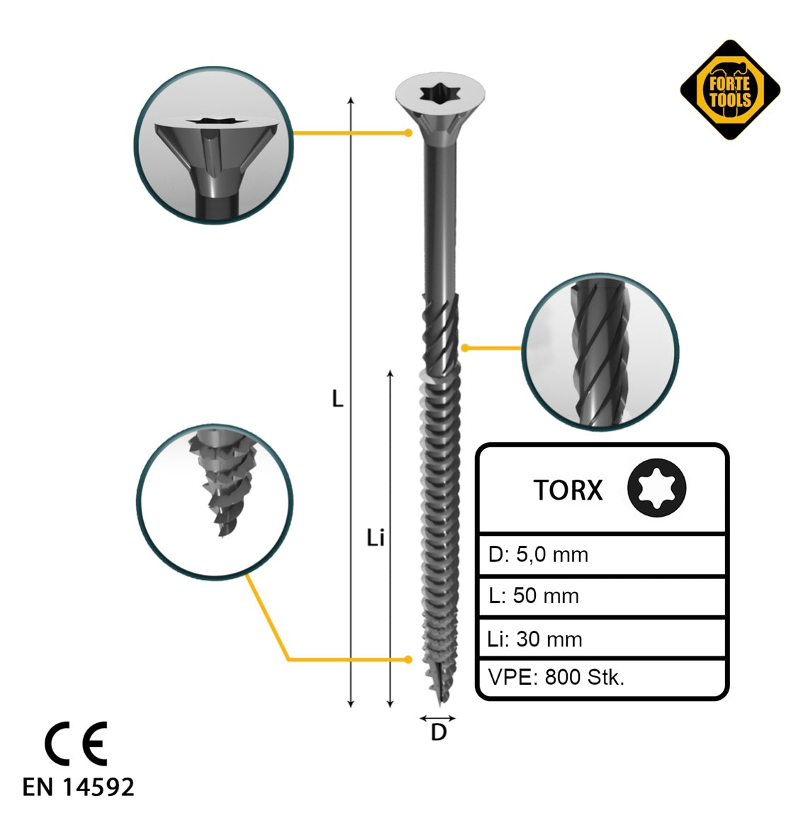 FORTE Tools Vis à bois universelle 5,0 x 50 mm T25 800 pièces (4x 000040113881) tête fraisée Torx galvanisée argent filetage partiel