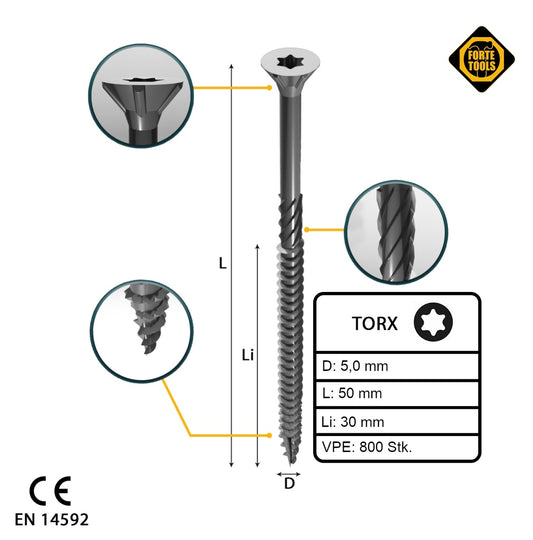 FORTE Tools Vis à bois universelle 5,0 x 50 mm T25 800 pièces (4x 000040113881) tête fraisée Torx galvanisée argent filetage partiel