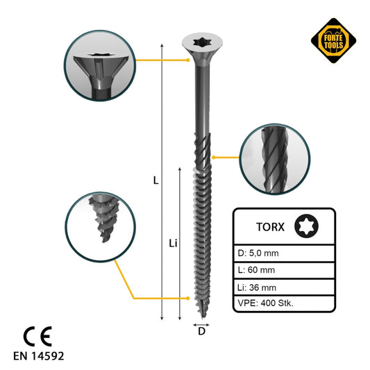 FORTE Tools vis à bois universelle 5,0 x 60 mm T25 400 pièces (2x 000040113882) tête fraisée Torx galvanisée argent filetage partiel