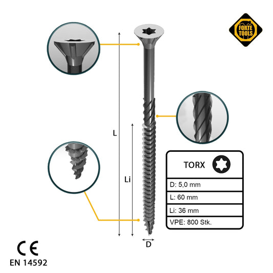 FORTE Tools Vis à bois universelle 5,0 x 60 mm T25 800 pièces (4x 000040113882) tête fraisée Torx galvanisée argent filetage partiel