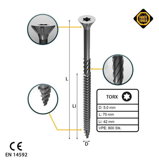 FORTE Tools Vis à bois universelle 5,0 x 70 mm T25 800 pièces (4x 000040113883) tête fraisée Torx galvanisée argent filetage partiel