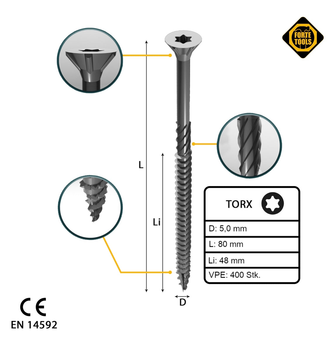 FORTE Tools Vis à bois universelle 5,0 x 80 mm T25 400 pièces (2x 000040113884) tête fraisée Torx galvanisée argent filetage partiel