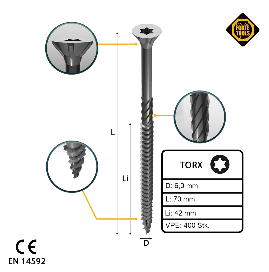 FORTE Tools Vis à bois universelle 6,0 x 70 mm T30 400 pièces (4x 000040113890) tête fraisée Torx galvanisée argent filetage partiel