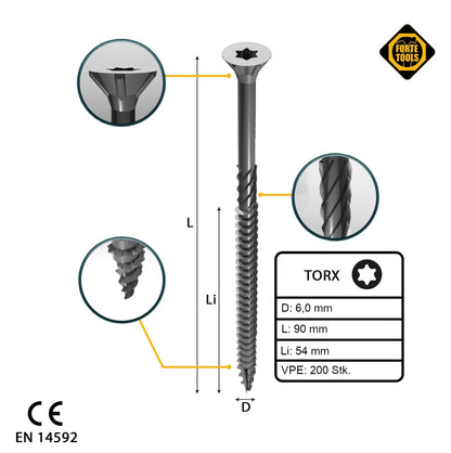 FORTE Tools Vis à bois universelle 6,0 x 90 mm T30 200 pièces (2x 000040113892) tête fraisée Torx galvanisée argent filetage partiel