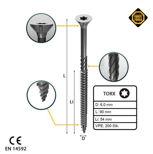 FORTE Tools Vis à bois universelle 6,0 x 90 mm T30 200 pièces (2x 000040113892) tête fraisée Torx galvanisée argent filetage partiel