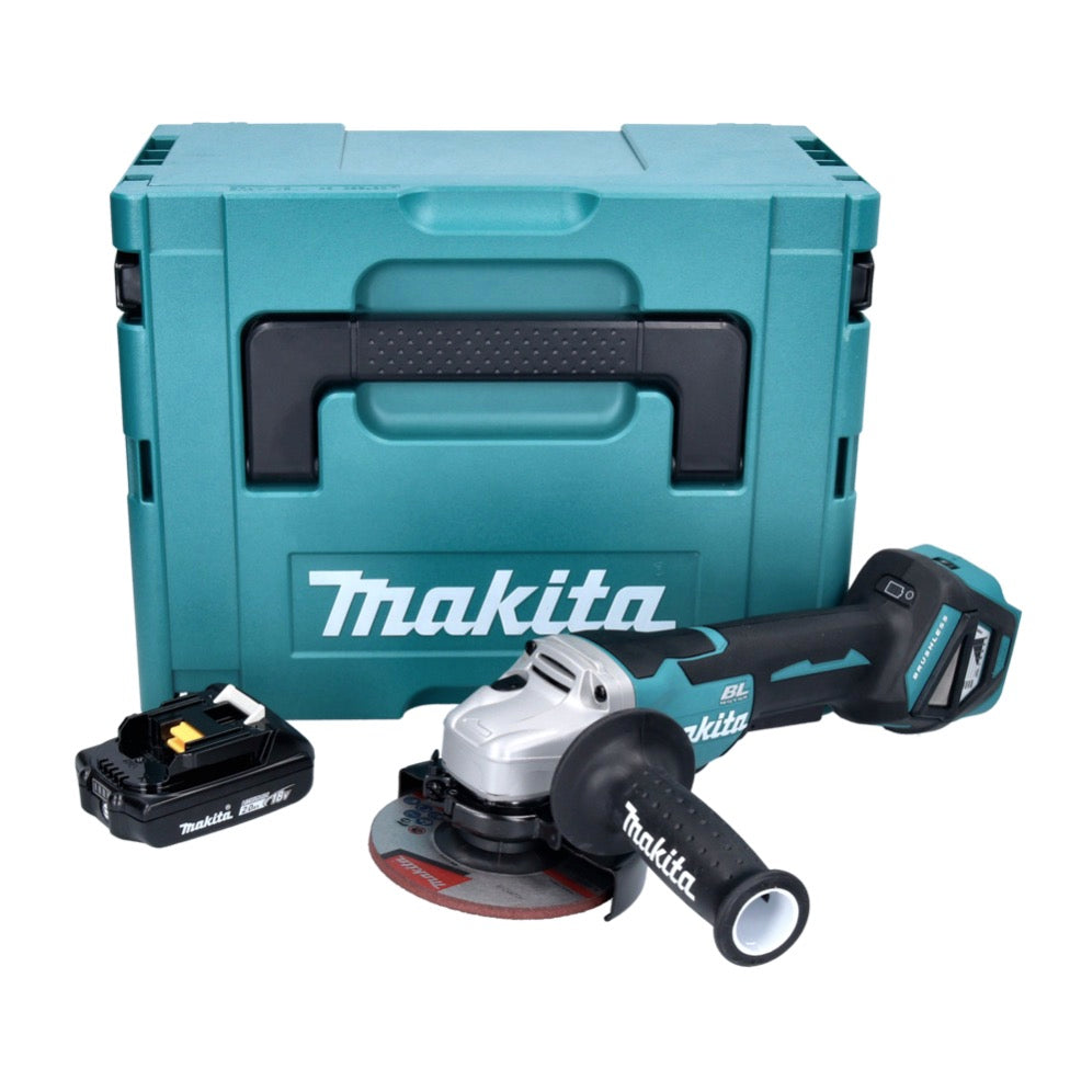 Makita DGA 515 A1J Meuleuse d'angle sur batterie 18 V 125 mm sans balais + 1x batterie 2,0 Ah + Makpac - sans chargeur