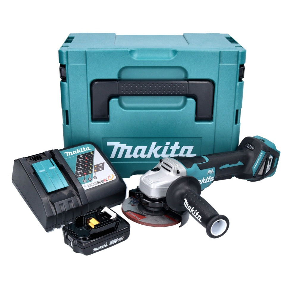 Makita DGA 515 RA1J Meuleuse d'angle sur batterie 18 V 125 mm sans balais + 1x batterie 2,0 Ah + chargeur + Makpac