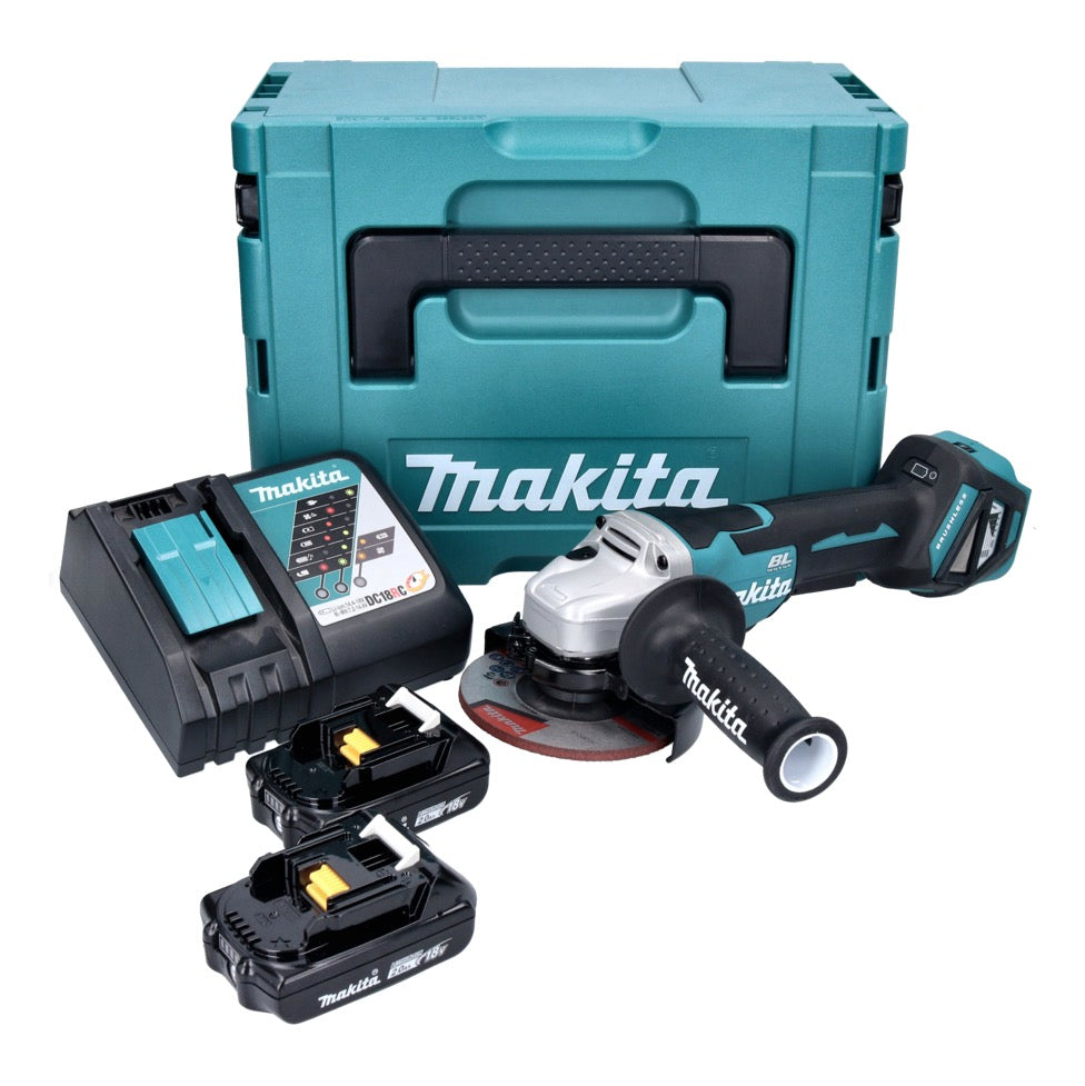 Makita DGA 515 RAJ Meuleuse d'angle sur batterie 18 V 125 mm sans balais + 2x batteries 2,0 Ah + chargeur + Makpac