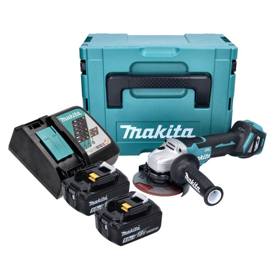 Makita DGA 515 RTJ Meuleuse d'angle sur batterie 18 V 125 mm sans balais + 2x batteries 5,0 Ah + chargeur + Makpac