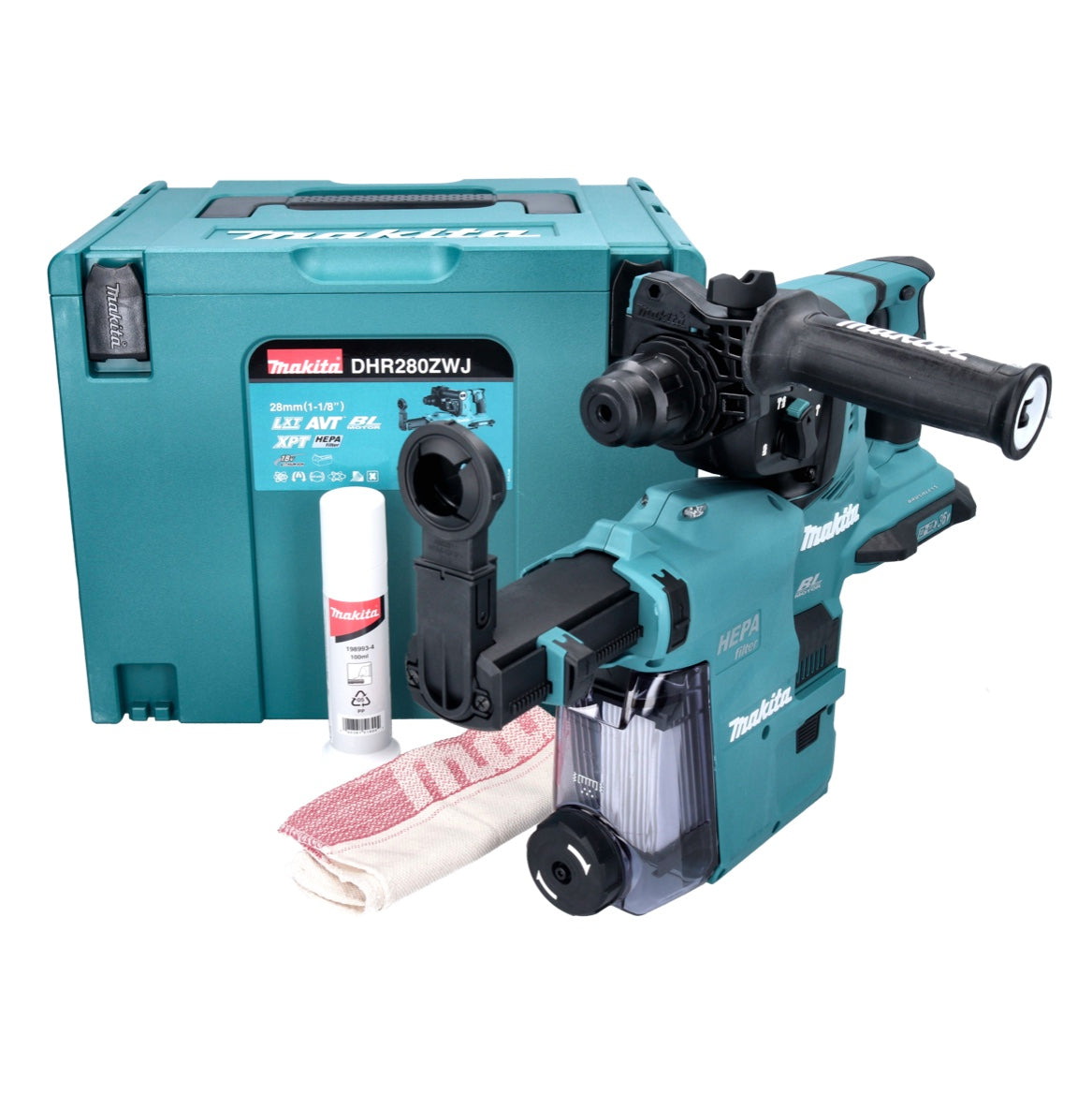 Makita DHR 280 ZWJ marteau perforateur sans fil 36 V (2x 18 V) 2,8 J SDS Plus Brushless + aspiration DX08 + Makpac - sans batterie, sans chargeur