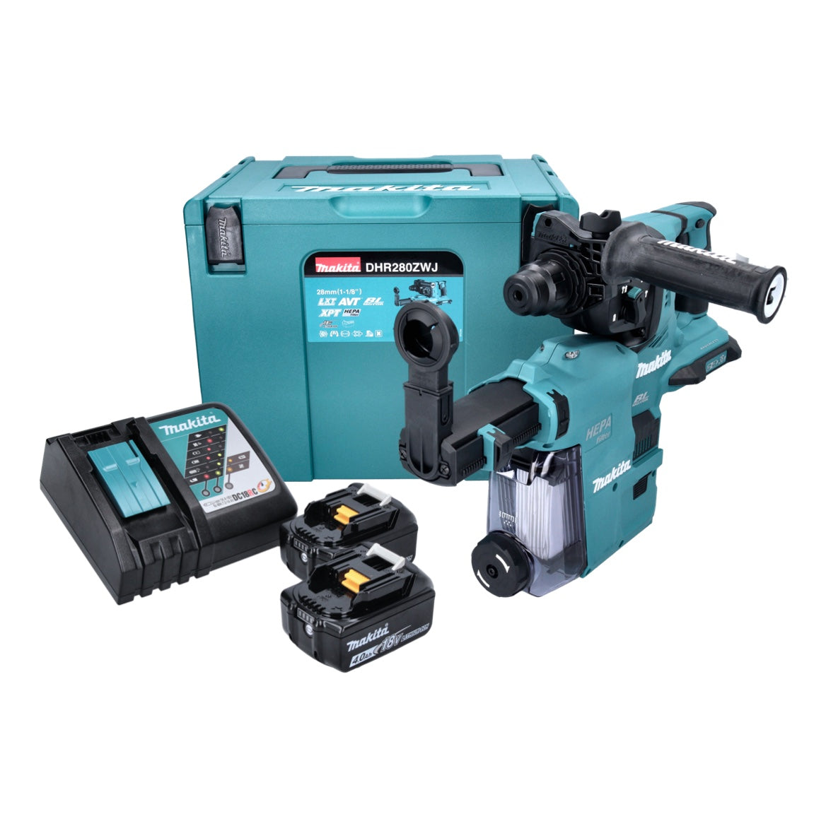 Makita DHR 280 RMWJ marteau perforateur à batterie 36 V (2x 18 V) 2,8 J SDS Plus sans balais + 2x batterie 4,0 Ah + chargeur + aspirateur DX08 + Makpac